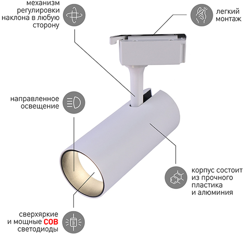 1-фазный трековый led светильник TR5-10 COB WH "Эра" - преимущества